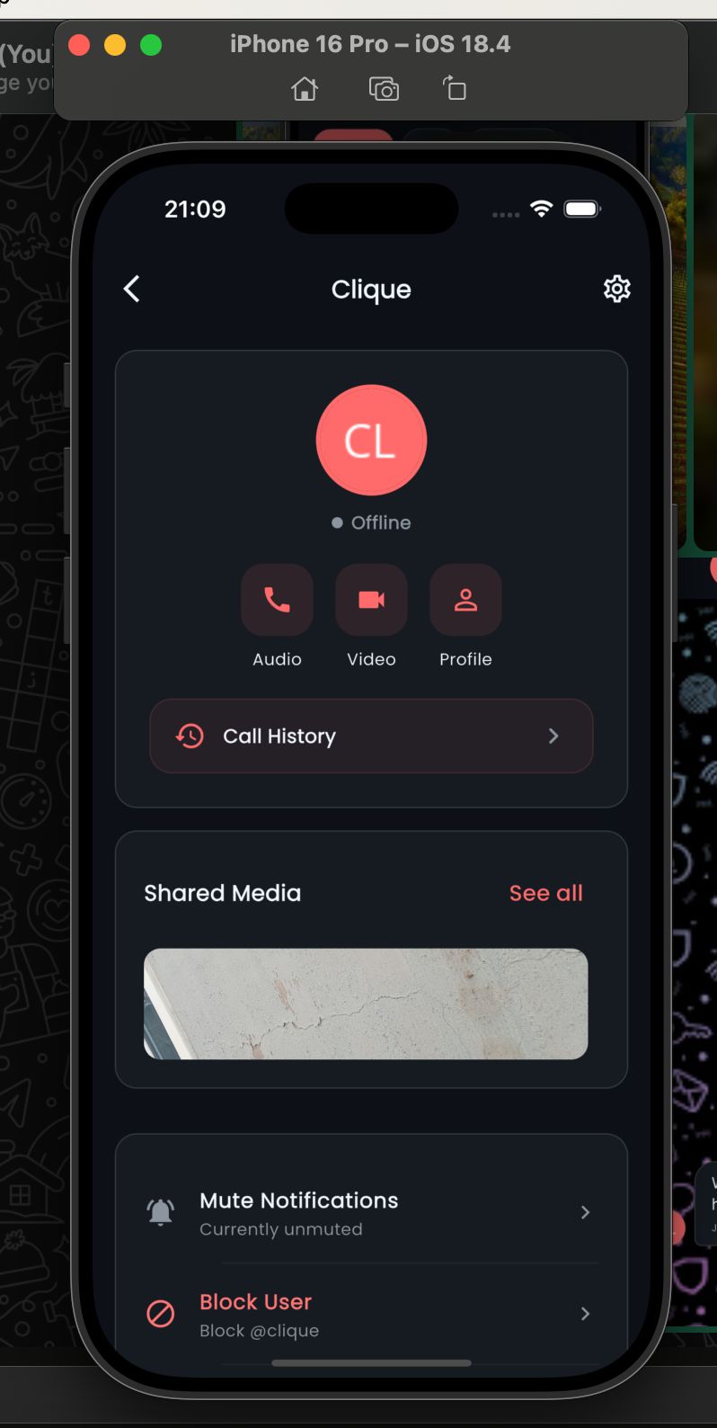 Chat info screen in Clique