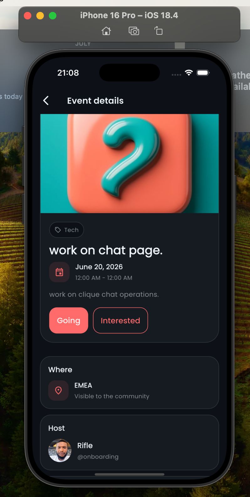 Event details screen in Clique