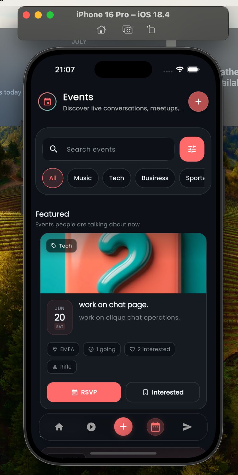 Events screen in Clique
