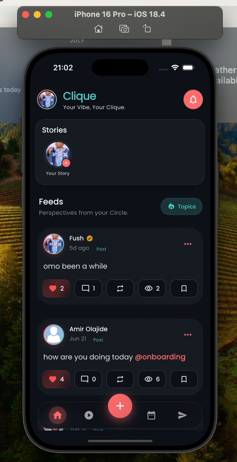 Home feed screen in Clique